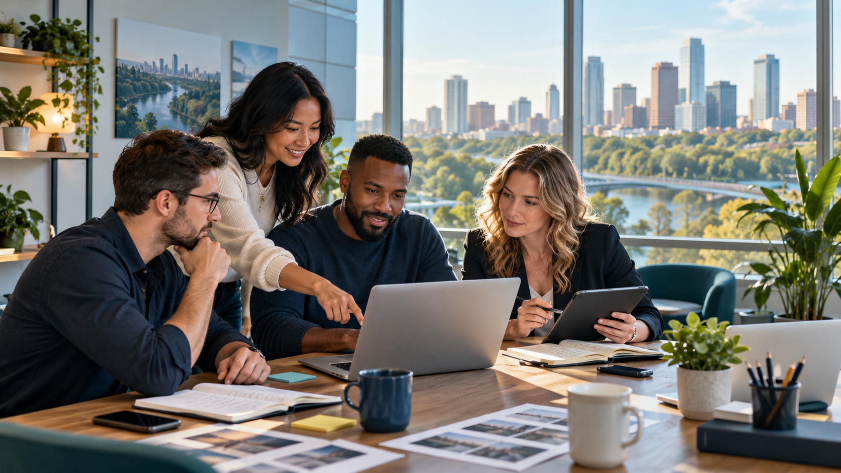 Edmonton business team reviewing AI-assisted website content, search strategy, fact-check notes, and local SEO improvements