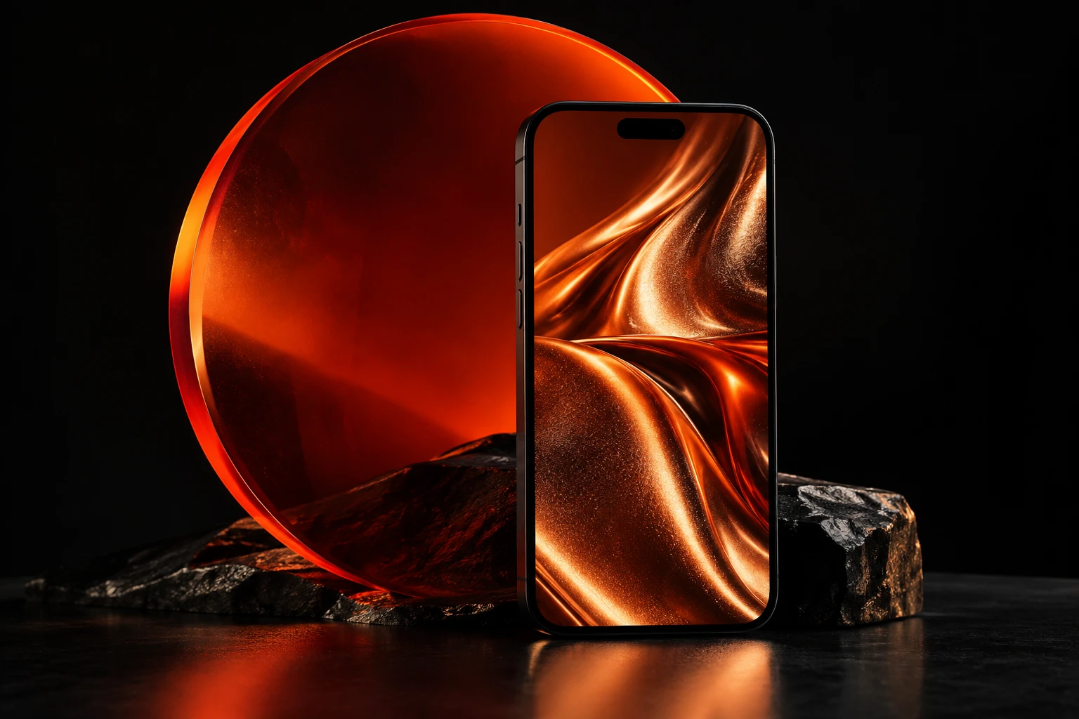 Original campaign art with a vibrant orange composition and phone