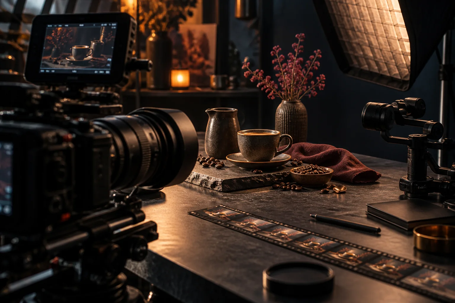 Short-form product video set with a camera, studio lighting and a coffee product arrangement