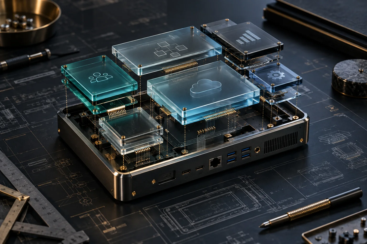 Bespoke software concept with modular glass components, connection points and a technical blueprint