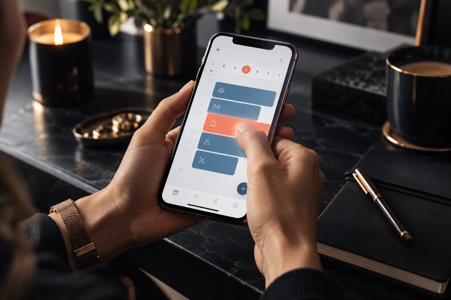 Hands using a mobile appointment-booking concept with a colourful, carefully designed interface