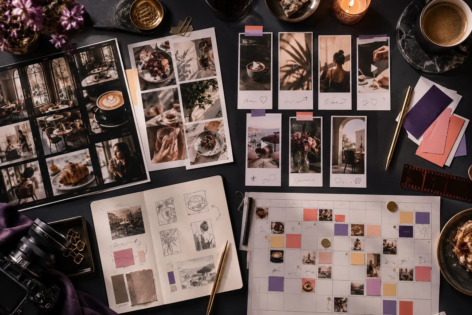 Social campaign planning desk with food photography, portrait storyboards and a coordinated content calendar