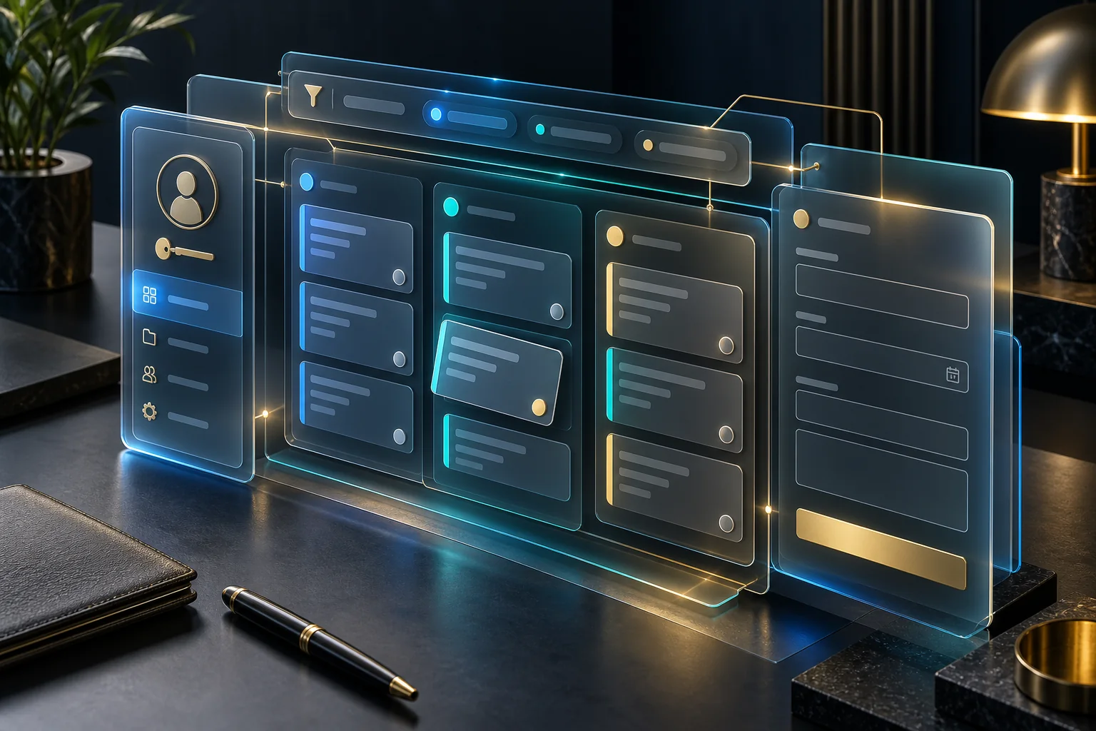 Layered web application workspace with connected task boards, access screens and business tools