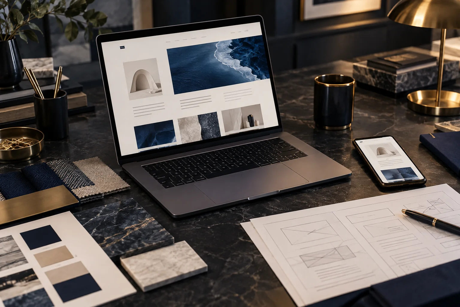 Website design workbench with a laptop, responsive phone layout, wireframes and visual design samples