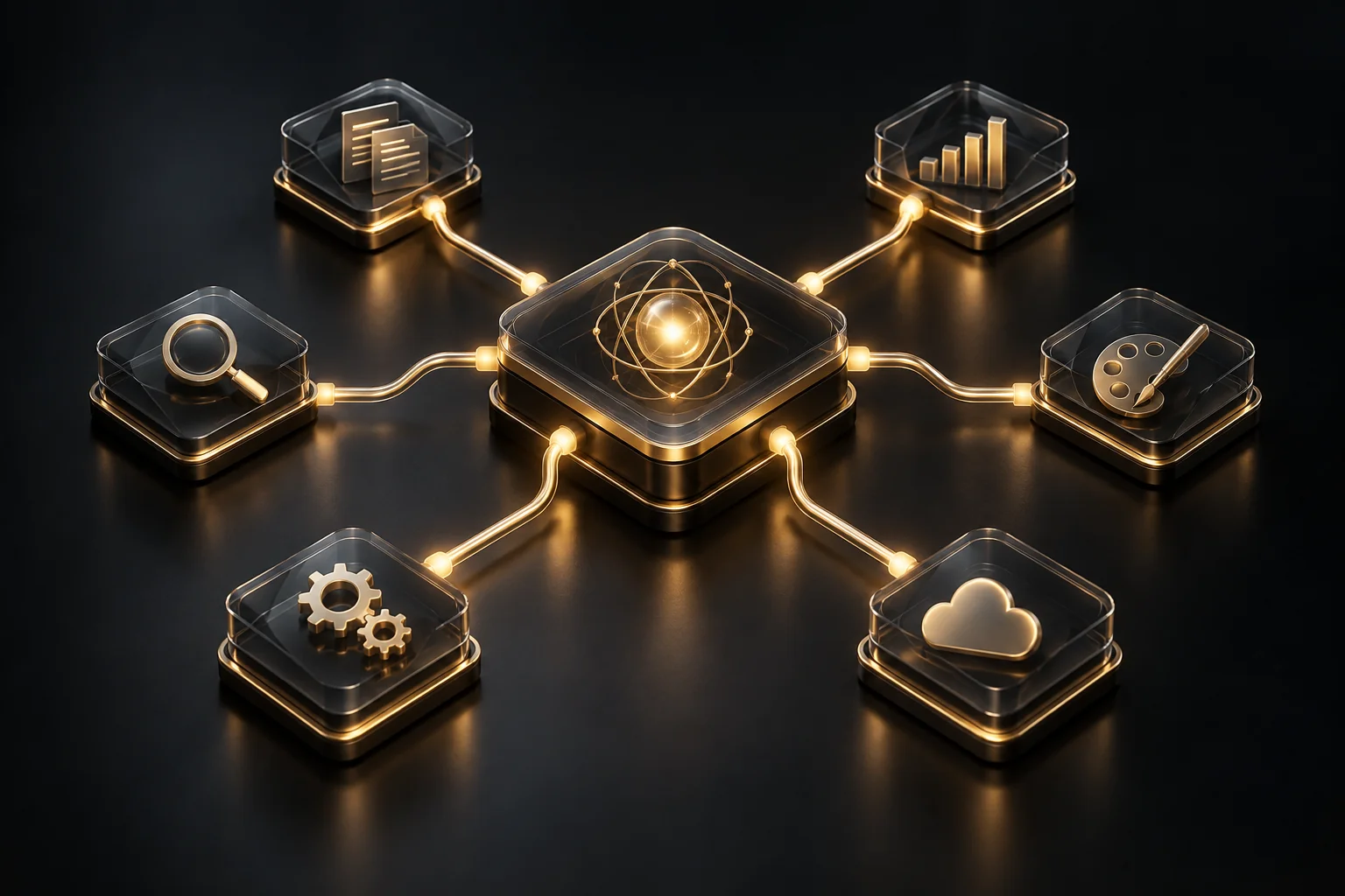 A branching business workflow with illuminated connections