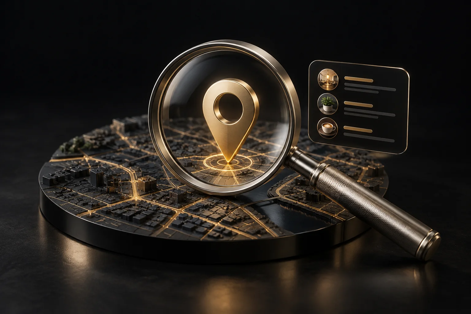 A local map pin and magnifying glass representing search discovery