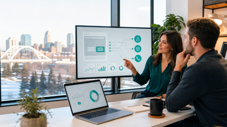 Edmonton business owner reviewing landing page conversion tracking dashboard with marketing strategist